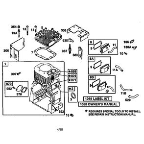 Cylinder Assembly Diagram and Parts List for 19E400-19E499 1132 Briggs and Stratton Engine